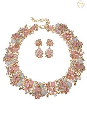 Handmade Crystal Rhinestone Statement Choker Bib Necklace Earring Set for Women